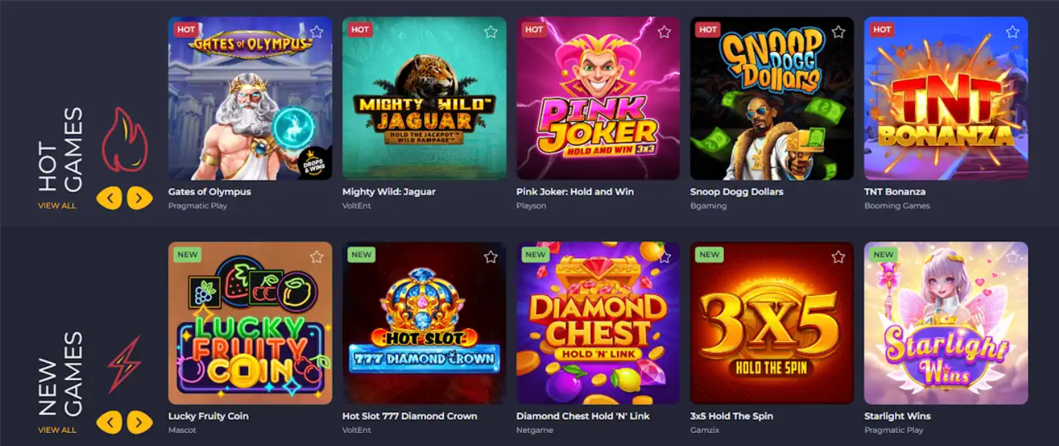 Rolling Slots Casino Pokies Lobby with Slots and Game Filters