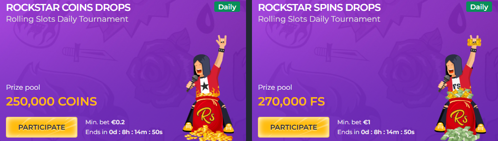 Rolling Slots Casino Daily Tournament Drops and Prize Pools